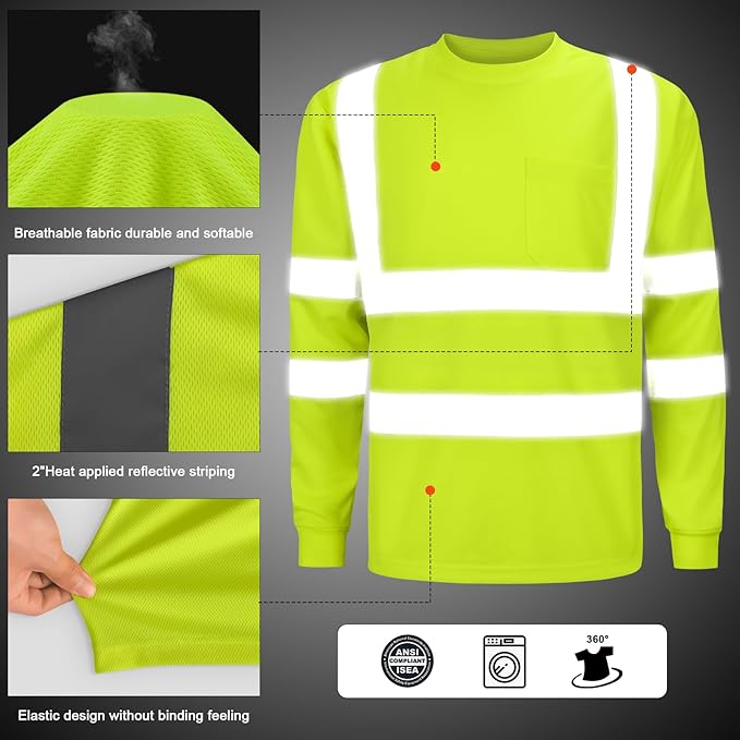 High Visibility Class 3 T Shits, Hi vis Safety Shirts with Reflective Strips and Pocket, Long Sleeve Quick Dry Mesh Construction Work Shirt for Men/Women Lime.6XL