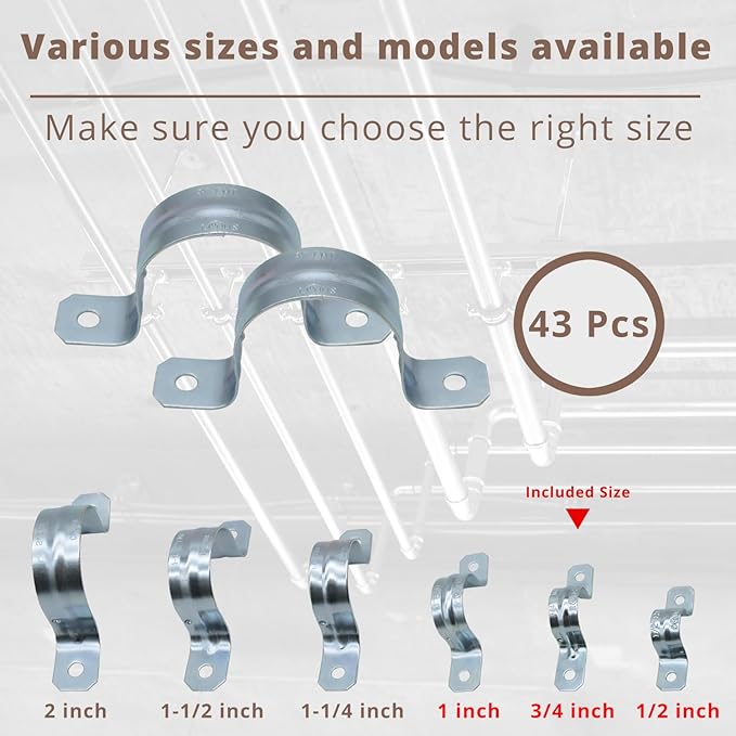 43 PCS Two Holes Straps, U Clamps,Pipe Straps, U Bracket Clamps, Zinc Coated Tension Tube Clips, for Pipe Tube Fixing Mounting - 1/2" 3/4" 1"