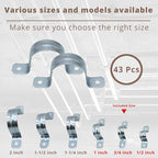 43 PCS Two Holes Straps, U Clamps,Pipe Straps, U Bracket Clamps, Zinc Coated Tension Tube Clips, for Pipe Tube Fixing Mounting - 1/2" 3/4" 1"