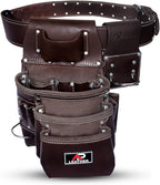 Pro-015 Leather Tool Pouch for Construction,Heavy Duty Hammer Holder,Buckle,3 Pocket Large with Belt, 12 Small Pocket, Tool Organizer