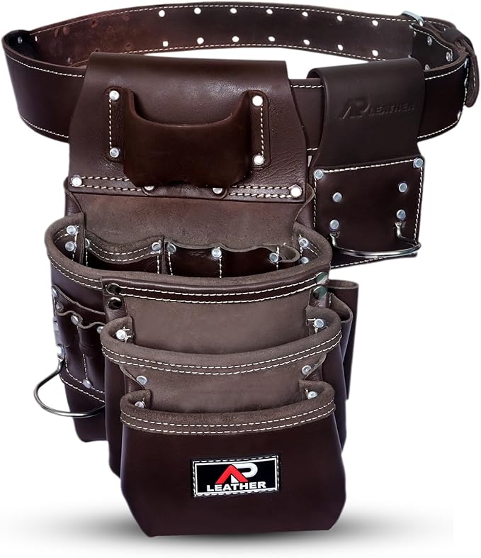 Pro-015 Leather Tool Pouch for Construction,Heavy Duty Hammer Holder,Buckle,3 Pocket Large with Belt, 12 Small Pocket, Tool Organizer