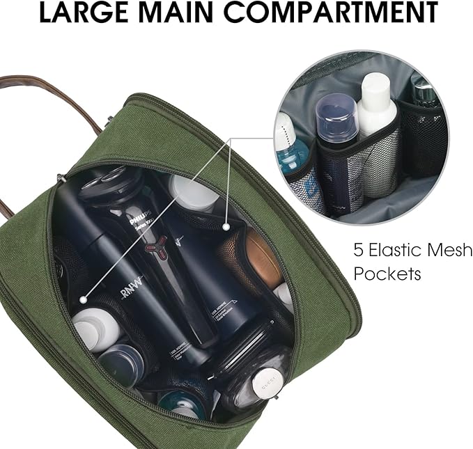 WANDF Travel Toiletry Bag for Men Large Toiletries Shaving Bag Water Resistant Hanging Dopp Kit Travel Accessories Bag for Women Men (Green)
