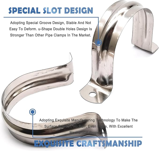 Nge 3inch Rigid Pipe Strap Clamp, Two Hole Strap,U Bracket Tube Clip, Stainless Steel Heavy Duty Pipe Fasten Holder, For The Inner Diameter of Water Pipe is 3 Inche,10PCS