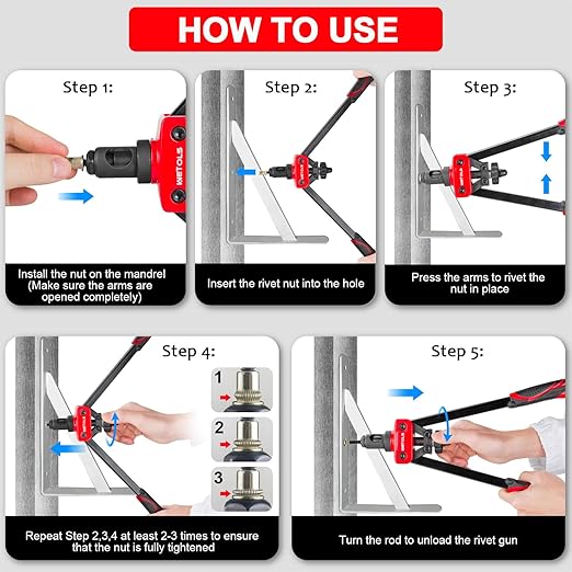 WETOLS Rivet Nut Tool Kit, 14-Inch Rivnut Tool with 7 Metric and SAE Mandrels, Professional Hand Riveter with 70Pcs Rivnuts Assortment Kit, Manual Rivet Nut Gun with Rugged BMC Case