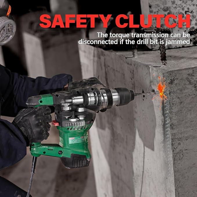 1-1/4" SDS-Plus Rotary Hammer Drill, 12.5 Amp 3 Functions Corded Vibration Control Rotomartillo with Safety Clutch for Concrete, Includes 3 Drill Bits, 2 Chisels, Carrying Case