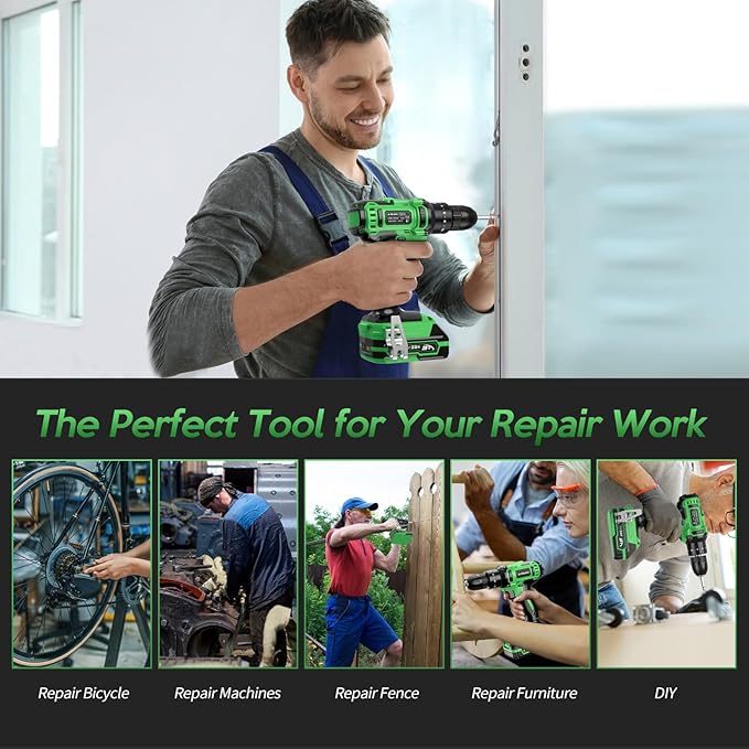 20V Cordless Drill, Electric Power Drill Set with Battery Charger, 3/8” Keyless Chuck, 2 Variable Speed, 18+3 Torque, 72pcs Driver Bits and Belt Hook, Green