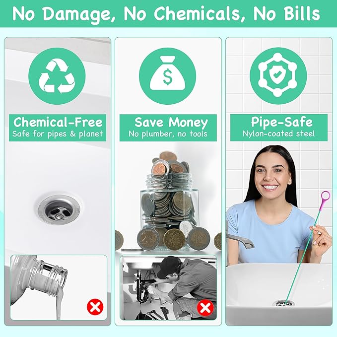 Drain Snake Hair Drain Clog Remover, 37-Inch Anti-Break Metal Sink Snake Drain Hair Removal Tool with Nylon Layer, Plumbing Snake Drain Cleaner Tool–6 Pack for Bathroom, Shower, Kitchen Sink, Bathtub