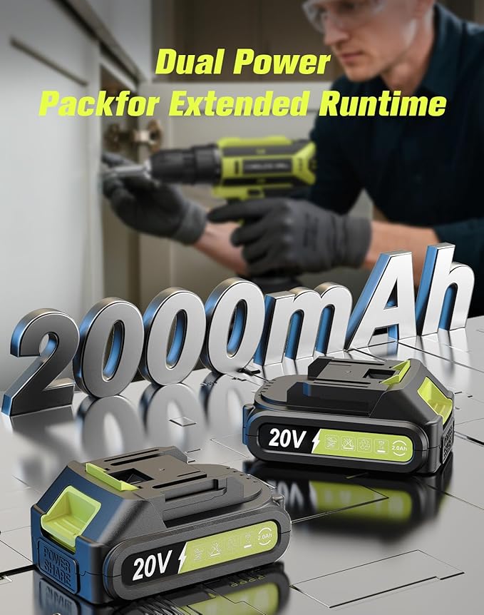 Cordless Drill, 20V MAX Power Drill Set with Dual Power Pack & Charger, 3/8 Inch Keyless Chuck, Variable Speed, 25+1 Position and 56PCS Bits/Screws, Power Tools for Home Projects