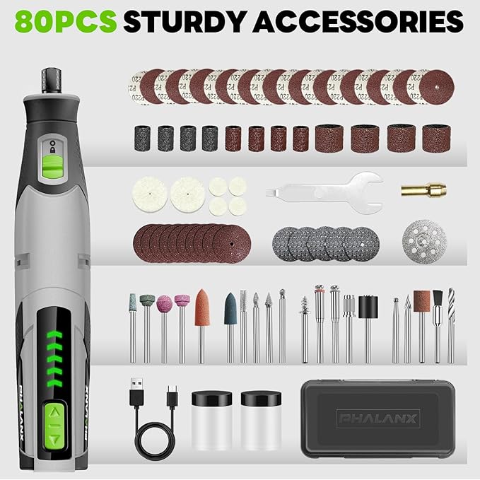 PHALANX Rotary Tool - 4V Cordless Rotary Tool Kit Accessories 80 PCS 2500mAh Li-Ion Battery, Preset 5 Speed Adjustment Grinder Tool for Cutting Sanding Carving Polishing Engraver DIY Crafts