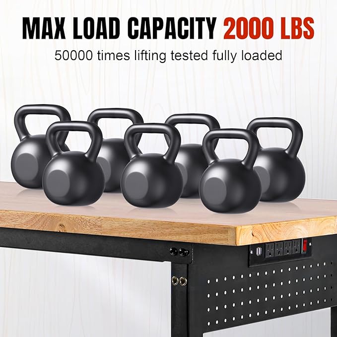 Height Adjustable Workbench with Wheels 60”×22” Heavy Duty Work Table 2000 LBS Capacity Rolling Work Table Rubber Wood Work Station with Power Outlet & Pegboard for Garage, Office, Workshop