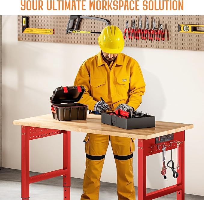 SPECRAFT Red Adjustable Heavy Duty Workbench with 4 AC Outlet and 2 USB Ports Power Outlets, 2000 Lbs Capacity, Rubber Wood Top for Garage, Workshop, Office