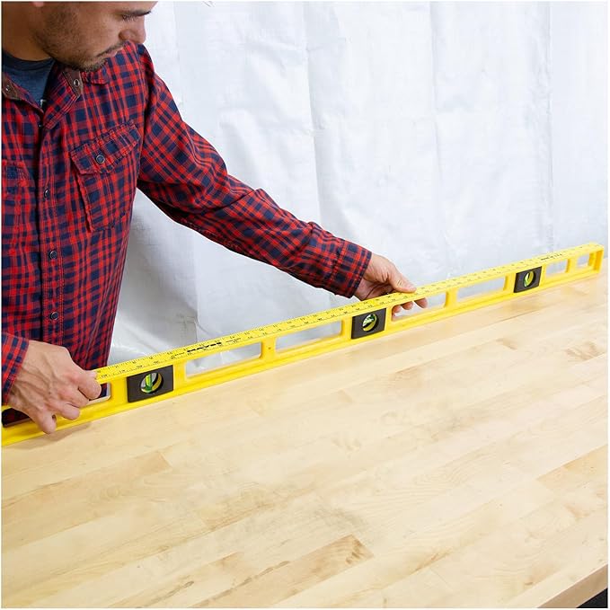 Mayes 10102 Polystyrene 4ft Level, 48 Inch Level Made in the USA, Contractor, Plumber, and Carpenter Tools, Impact Resistant Frame, Three Vials, Accurate to .001 Inch, Won’t Scratch Work Surfaces