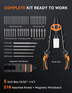 Professional Rivet Gun Kit with 5 Drill Bits & Magnetic Wristband - Heavy Duty Two-Handed Riveter for Metal, Gutter, Automotive - Includes 210 Assorted Rivets