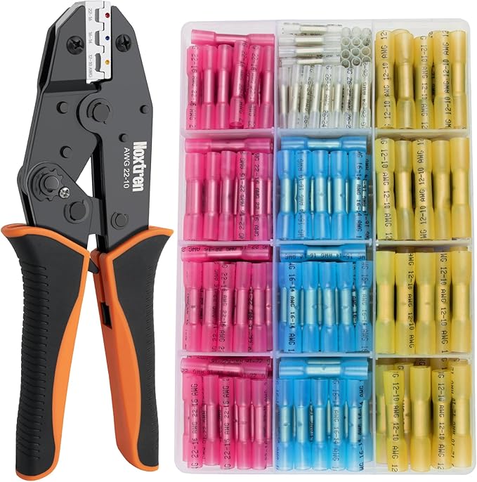 Crimping Tool For Heat Shrink Connectors, 220PCS Waterproof Automotive Marine Grade Heat Shrink Butt Connectors Kit, Tinned Red Copper AWG 26-10