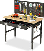 48" Workbench with Drawers, Adjustable Height Work Bench 2000 LBS Heavy-Duty Work Table Rubber Wood Work Station with Power Outlet & Pegboard for Garage, Office, Workshop, Home, Party Shop