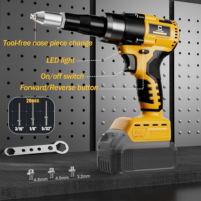 Rivet Gun Compatible with Dewalt 20V Battery, Cordless Rivet Tool with 3 Size (1/8", 5/32", 3/16") Aluminum Rivets, Brushless Motor Rivet Gun Kit Nose Piece, Led Light, Tool Only