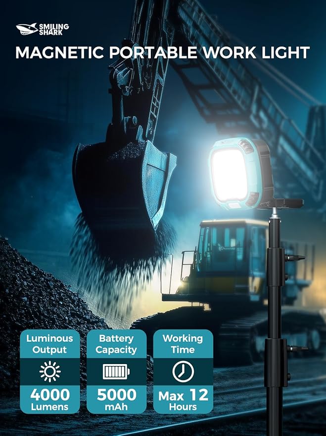 Smiling Shark Working Lights, 7500mAh Rechargeable LED Work Light 4000 Lumen 18 Light Mode Portable Magnetic Waterproof Drop Resistant Cordless Worklight Job Site Lighting for Garage Repair Camping