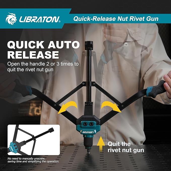 LIBRATON Rivet Nut Tool, 16" Rivnut Tool Kit, Hand Rivet Nut Tool kit with 11PCS Metric & SAE Interchangeable Mandrels, 110PCS Rivet Nuts, Carrying Case, Auto Release Nut Design