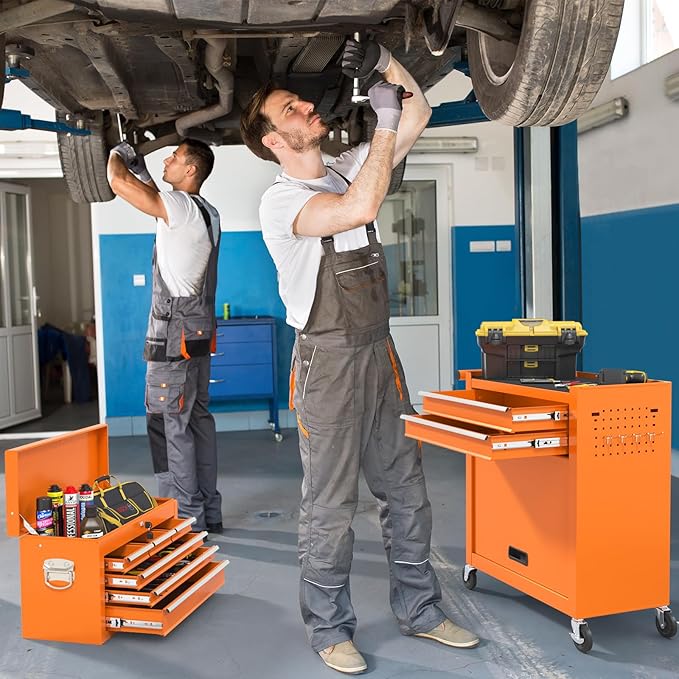 8 Drawer High Capacity Rolling Tool Chest, Metal Tool Box with Wheels and Drawers, Detachable Toolbox with Lock, Heavy Duty Tool Cabinet for Workshop, Warehouse and Garage (Orange)