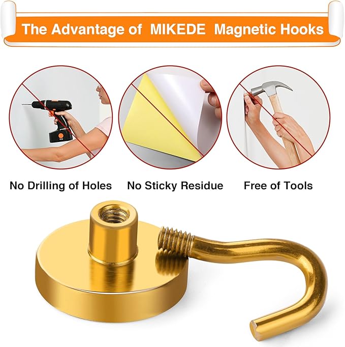 MIKEDE Magnetic Hooks Heavy Duty, 40 Lbs Magnet with Hooks for Cruise Cabins, Strong Magnets Neodymium for Hanging, Magnetic Wall Hooks for Refrigerator, Locker, Workplace(Yellow, 10 Pack)