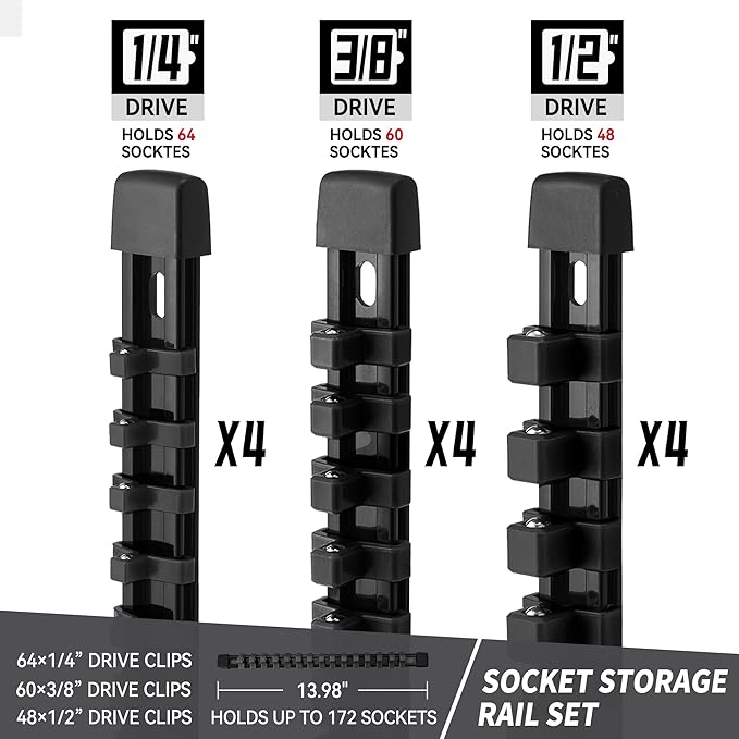 Socket Organizer Drive ABS Tools - Black Socket Holder, Premium Quality 12 Pieces Socket Holders Kit 1/4-Inch x 64 Clips, 3/8-Inch x 60 Clips, 1/2-Inch x 48 Clips（12PC,Black)