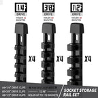 Socket Organizer Drive ABS Tools - Black Socket Holder, Premium Quality 12 Pieces Socket Holders Kit 1/4-Inch x 64 Clips, 3/8-Inch x 60 Clips, 1/2-Inch x 48 Clips（12PC,Black)