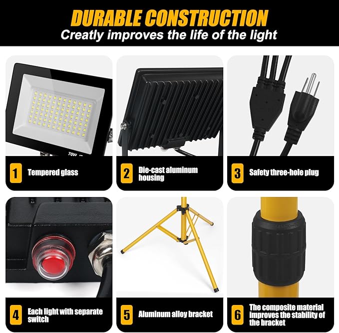 14000Lumen LED Work Lights with Stand - 2 Head Portable Work Light on Stand - IP66 Waterproof Tripod Worklights for Outdoor Indoor Job Site Workshop Garage Construction Site Lighting