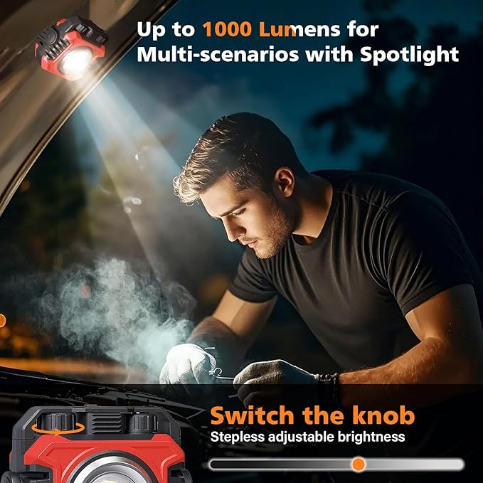 Samyoung 2 Pack 2400LM Rechargeable Work Light, 28 Hours Long Lasting Stepless 2700-8000K White Warm & Brightness Magnetic LED Work Light, Ultralight 360°Rotating Portable Light with Hook(Red)