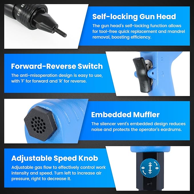 Pneumatic Rivet Nut Gun Kit with 11PCS 1/4 & 5/16 & 3/8 Mandrels, Industrial Grade Air Rivnut Tool Set with Self-Locking Head Gun, Air Riveter Nut Gun for Threaded Nutsert Insert Installation