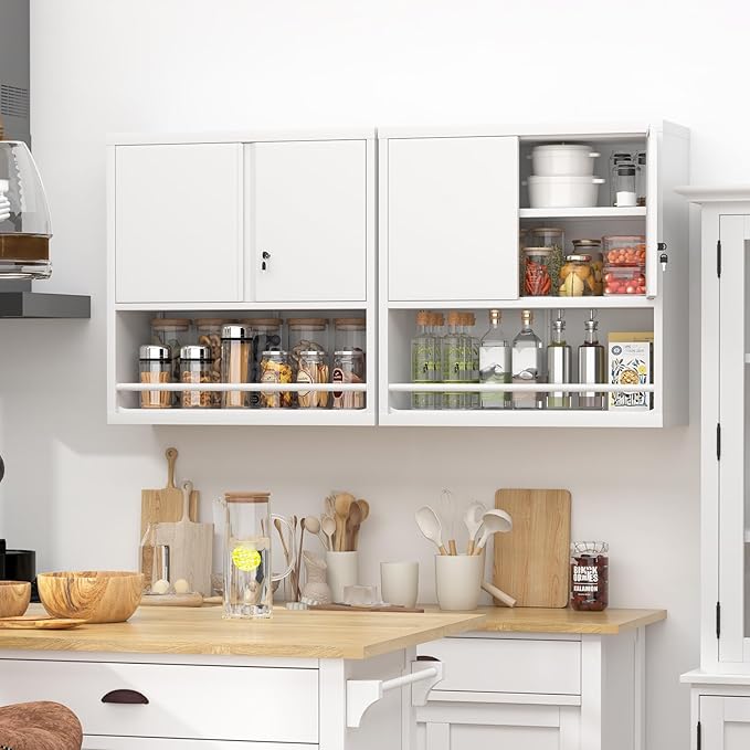 Metal White Cabinet Wall Mounted, Small Wall Storage Cabinets with 2 Door Adjustable Shelves, Bathroom Metal Wall Cabinet Over Toilet for Laundry Room Kitchen, Garage