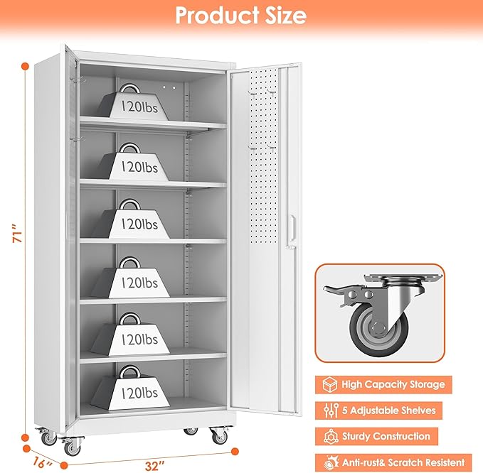 Aobabo 71" H×32" W×16" D Metal Storage Cabinet with Wheels, Garage Steel Storage Cabinet with 5 Adjustable Shelves and 4 Hooks for Home Office, Kitchen, White, Assembly Required