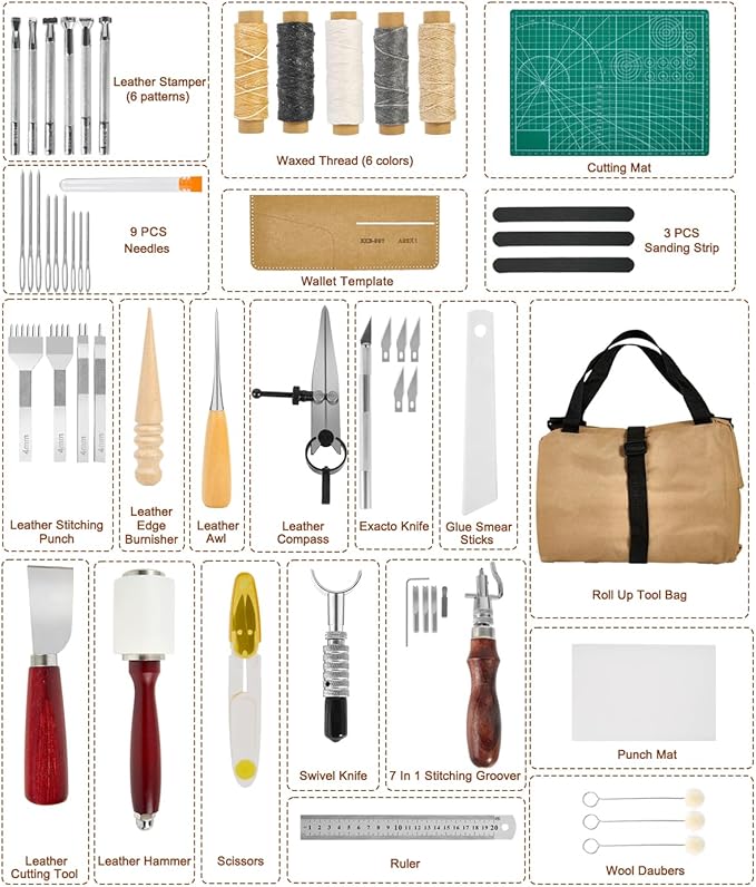 Vorhixa Leather Tooling Kit - Leather Working Tools & Stamps for Crafting, Cutting, Stamping, Sewing, Stitching, Engraving & Sanding - Complete Craft Kit for Adults and Begineers