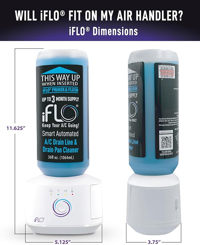 iFLO® Smart A/C Drain Line and Drain Pan Cleaner for HVAC System, Clog-Free, Easy Installation & App-Controlled Air Conditioner Maintenance, Includes 36oz Cleaner Cartridge, 3 Month Supply