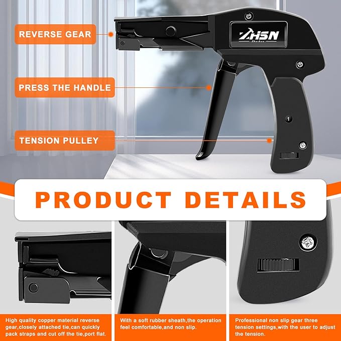 Zhushan Fastening Tie Wrap Gun with Adjustable Tension and Built-In Flush Cutter for 0.09-0.19 inch Nylon Cable Tie Tightening - Professional Grade Cable Zip Tie Tool