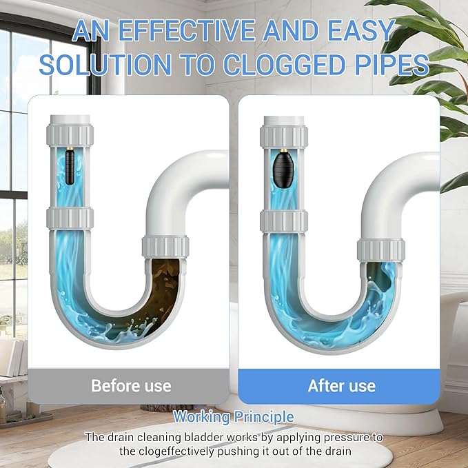 Drain Cleaning Bladder- Fits 1" to 2" Pipes, 3/4" Hose Thread Valve,Ideal for Sinks, Showers, Tubs & Sewer Lines, Rubber, Easy Daily Use, Cold Water Only (3Pc)