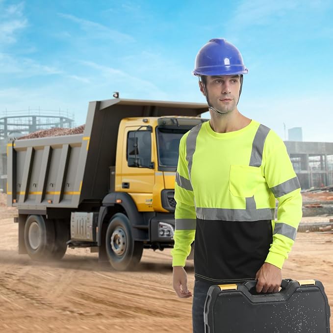 High Visibility Class 3 T Shirts，Hi Vis Safety Shirts with Reflective Strips and Pocket, Long Sleeve Quick Dry Mesh Construction Work Shirt for Men/Women Black Bottom Lime，Small