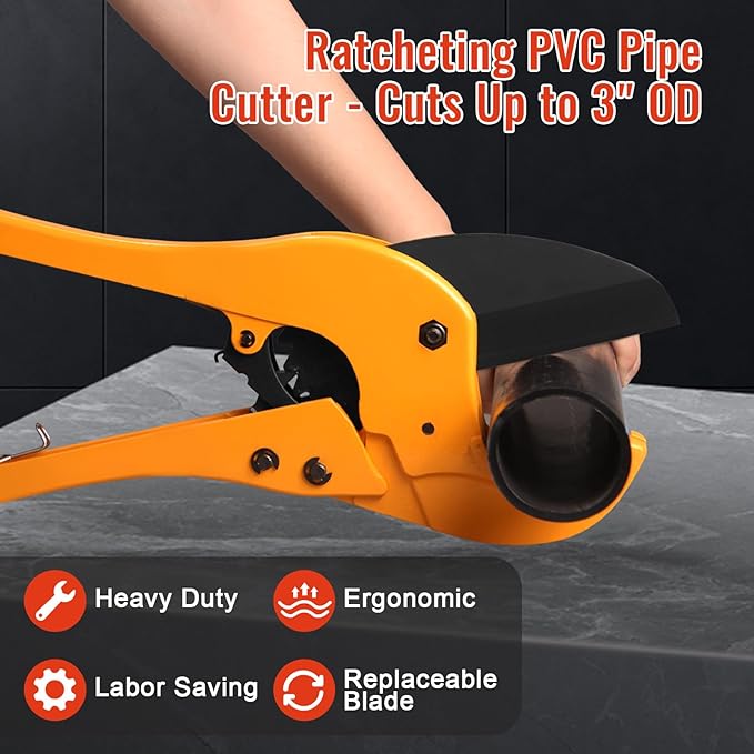 DOMINOX Heavy Duty PVC Pipe Cutter - Cuts Up to 2-7/8", 75mm Ratchet Type PVC Cutter SK5 Blade and Aluminum Alloy Body, One-hand Rapid Cutting Tool for PEX, PVC, and PPR Pipe