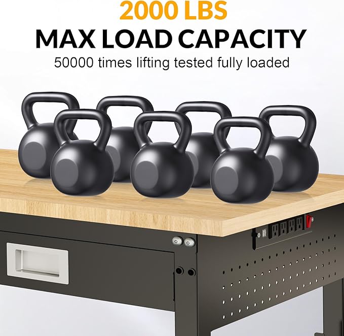 60" Workbench with Drawers, Adjustable Height Work Table, 2000 LBS Heavy-Duty, Rubber Wood, Black, Steel