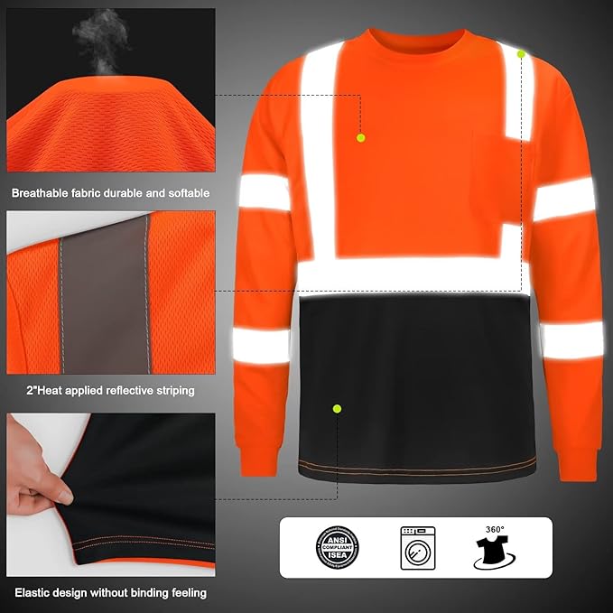 High Visibility Class 3 T Shirts，Hi Vis Safety Shirts with Reflective Strips and Pocket, Long Sleeve Quick Dry Mesh Construction Work Shirt for Men/Women Black Bottom Orange,2XL