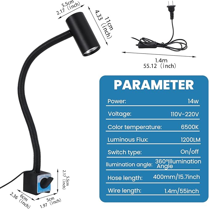 14W Magnetic Work Light, Magnetic Base LED Shop Lamp, Magnetic Task Lights for Lathe,Wood Lathe Tools,Drill Press,Bandsaw,Bench Grinder,Work Bench,Industrial Lighting