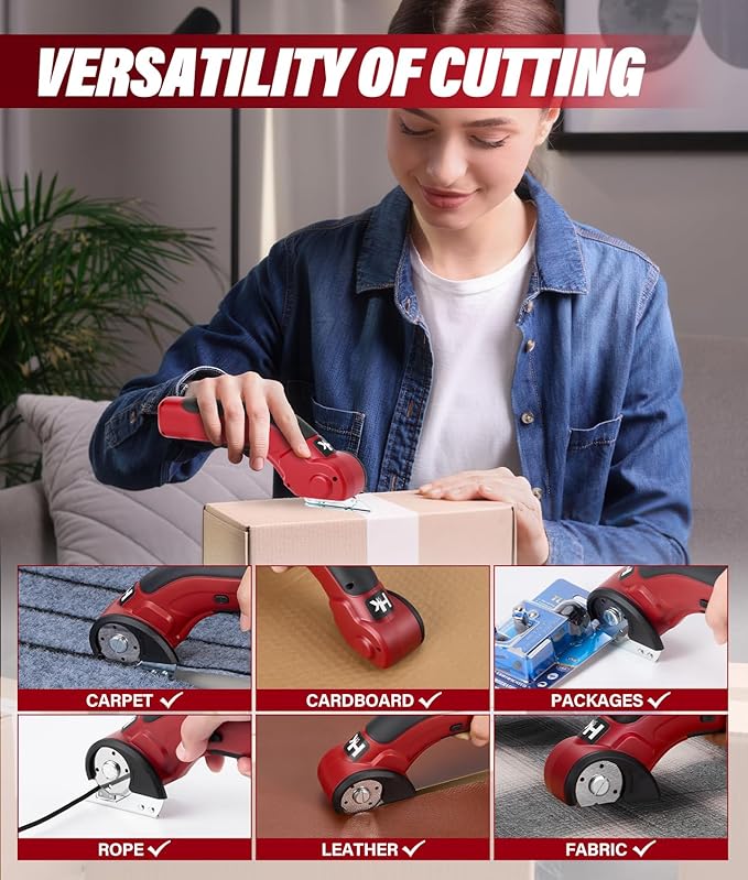 HK Cordless Electric Scissors, Rechargeable Cardboard Cutter, 4V Upgrade Motor Electric Box Cutter with 2 Blades & Safety Lock, Powerful Cutting for Cardboard Box, Plastic, Leather