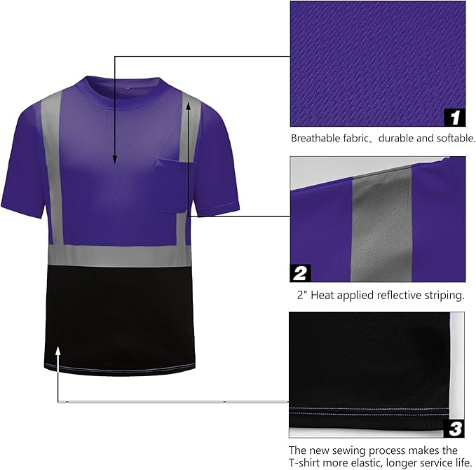 High Visibility Shirts Quick Dry Safety T Shirts with Reflective Strips and Pocket Short Sleeve Mesh Hi Vis Construction Work Class 2 Shirt for Men/Women Black Bottom Purple,3XL