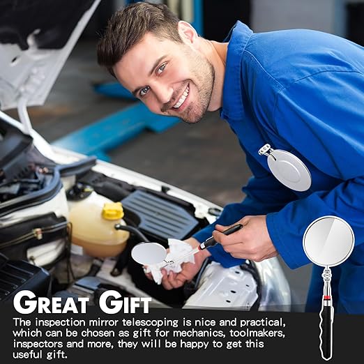 1 Pcs Telescoping Inspection Mirror Mechanics Automotive Tool with Long Handle Extendable Mirror on a Stick for Technicians Mechanics Contractors Checking Observation(Black,85mm Round)