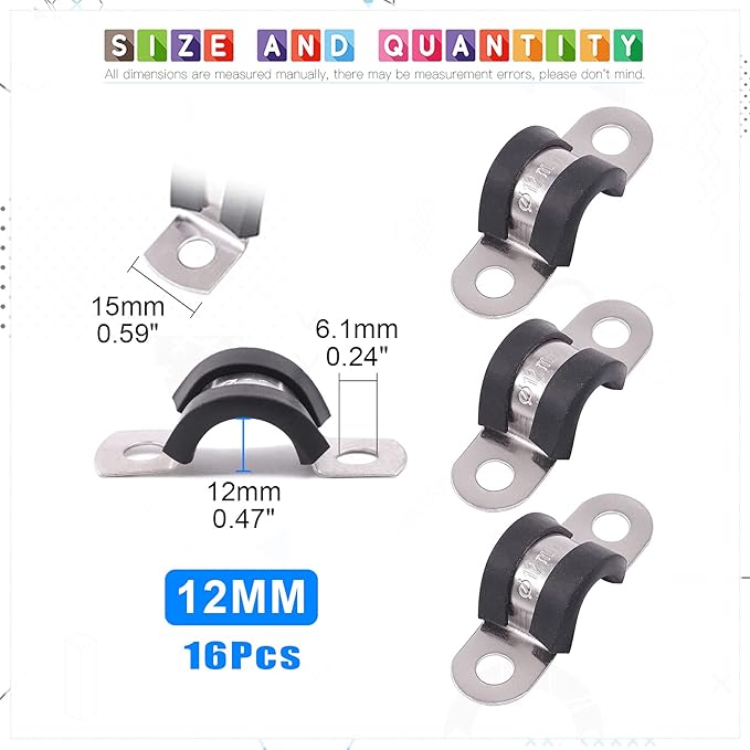 Glarks 16Pcs 12MM 2 Hole U-Tube Strap Clamp Set - 304 Stainless Steel Rubber Cushion Rigid Pipe Strap U Bracket Assortment Kit For Pipe Fixing