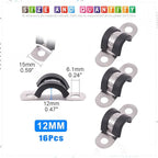 Glarks 16Pcs 12MM 2 Hole U-Tube Strap Clamp Set - 304 Stainless Steel Rubber Cushion Rigid Pipe Strap U Bracket Assortment Kit For Pipe Fixing