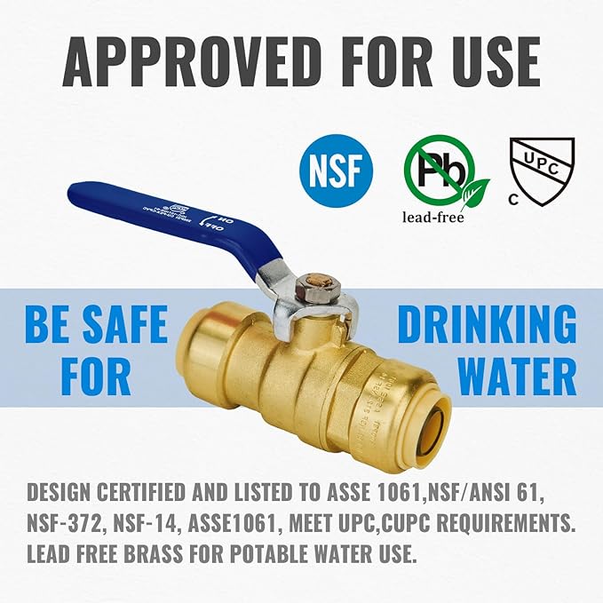 Shut Off Ball Valve 3/4 Inch, SUNGATOR 3/4 Inch Ball Valve, Push-to-Connect Water Shutoff with Blule Handle, No Lead Brass Plumbing Fittings for PEX Pipe, Copper,CPVC, Pack of 1