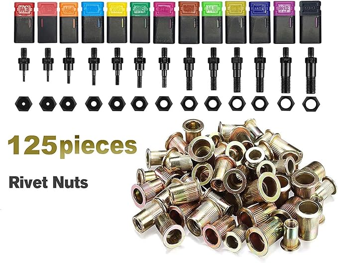 16”Hand Rivet Nut Tool,Professional Rivet Nut Setter Kit with 13 Mandrels（M3 M4 M5 M6 M8 M10 M12 SAE 8-32,10-24, 1/4-20, 5/16-18, 3/8-16,1/2-13）And 125 PCS Rivets Nuts