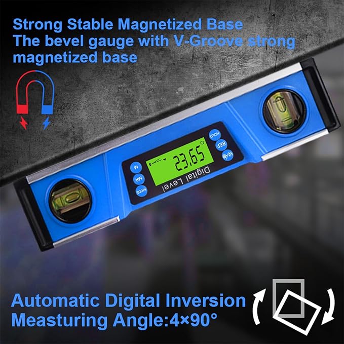 Digital Level and Protractor, 10 Inch IP54 Protected Electronic Bubble Inclinometer Angle Finder Gauge with Large LED Backlight Display & Magnetized V-Groove Base Carrying Bag Included (Blue)