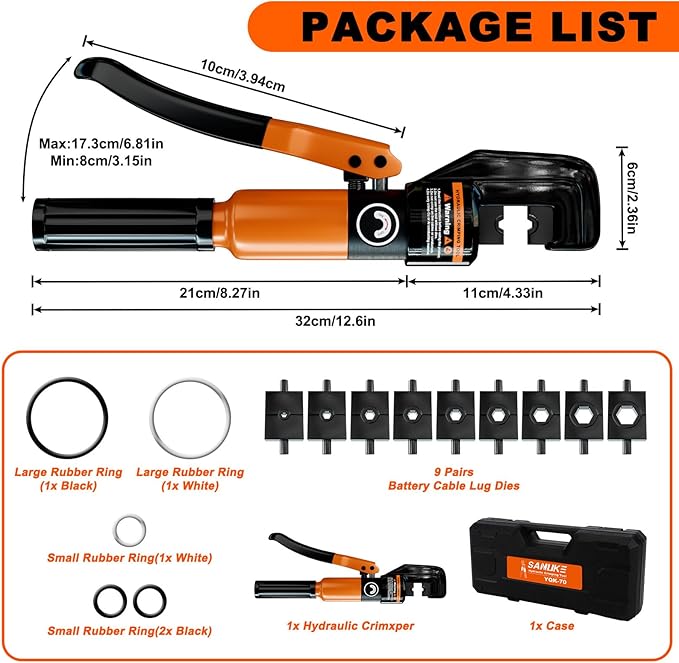 Sanuke Hydraulic Crimping Tool 10 Tons 12 AWG to 2/0 AWG, Battery Cable Lug Wire Terminal Crimper with 9 Die Sets, 1/8” Wire Rope Crimping Tool