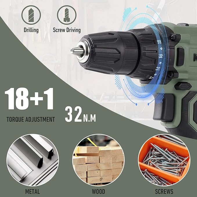 KREBS 20V Cordless Drill Set, Power Drill Kit with 1 Batteries & Fast Charger, 3/8-Inch Keyless Chuck 2 Variable Speed 18+1 Torque Setting and 28pcs Drill Bits